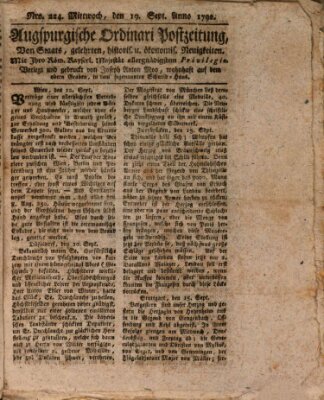 Augsburgische Ordinari Postzeitung von Staats-, gelehrten, historisch- u. ökonomischen Neuigkeiten (Augsburger Postzeitung) Mittwoch 19. September 1792