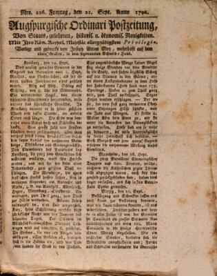 Augsburgische Ordinari Postzeitung von Staats-, gelehrten, historisch- u. ökonomischen Neuigkeiten (Augsburger Postzeitung) Freitag 21. September 1792