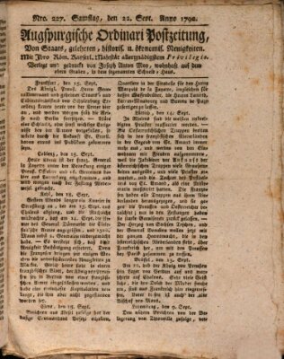 Augsburgische Ordinari Postzeitung von Staats-, gelehrten, historisch- u. ökonomischen Neuigkeiten (Augsburger Postzeitung) Samstag 22. September 1792