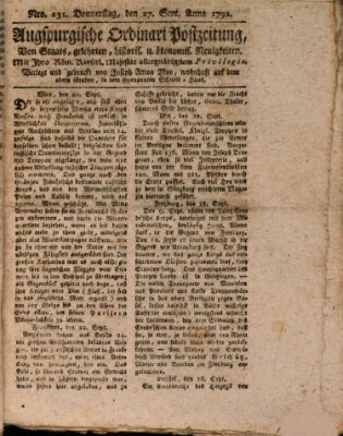 Augsburgische Ordinari Postzeitung von Staats-, gelehrten, historisch- u. ökonomischen Neuigkeiten (Augsburger Postzeitung) Donnerstag 27. September 1792