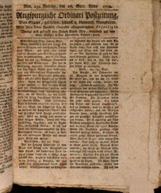 Augsburgische Ordinari Postzeitung von Staats-, gelehrten, historisch- u. ökonomischen Neuigkeiten (Augsburger Postzeitung) Freitag 28. September 1792