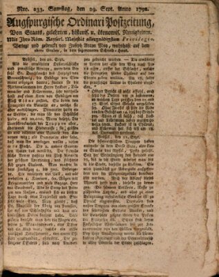 Augsburgische Ordinari Postzeitung von Staats-, gelehrten, historisch- u. ökonomischen Neuigkeiten (Augsburger Postzeitung) Samstag 29. September 1792