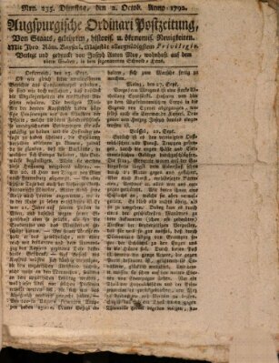 Augsburgische Ordinari Postzeitung von Staats-, gelehrten, historisch- u. ökonomischen Neuigkeiten (Augsburger Postzeitung) Dienstag 2. Oktober 1792