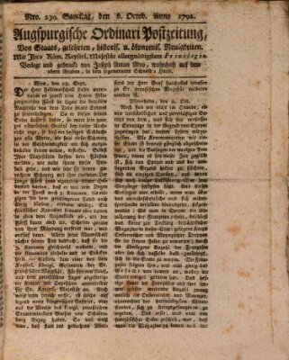 Augsburgische Ordinari Postzeitung von Staats-, gelehrten, historisch- u. ökonomischen Neuigkeiten (Augsburger Postzeitung) Samstag 6. Oktober 1792