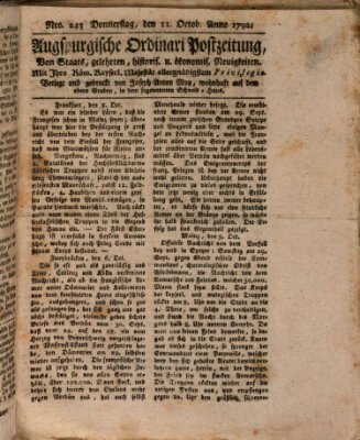 Augsburgische Ordinari Postzeitung von Staats-, gelehrten, historisch- u. ökonomischen Neuigkeiten (Augsburger Postzeitung) Donnerstag 11. Oktober 1792