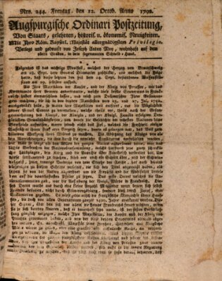 Augsburgische Ordinari Postzeitung von Staats-, gelehrten, historisch- u. ökonomischen Neuigkeiten (Augsburger Postzeitung) Freitag 12. Oktober 1792