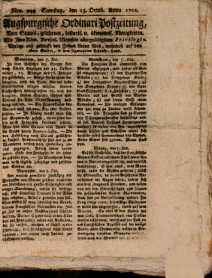 Augsburgische Ordinari Postzeitung von Staats-, gelehrten, historisch- u. ökonomischen Neuigkeiten (Augsburger Postzeitung) Samstag 13. Oktober 1792