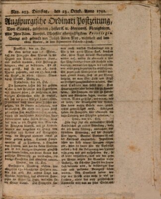 Augsburgische Ordinari Postzeitung von Staats-, gelehrten, historisch- u. ökonomischen Neuigkeiten (Augsburger Postzeitung) Dienstag 23. Oktober 1792