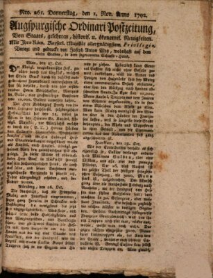 Augsburgische Ordinari Postzeitung von Staats-, gelehrten, historisch- u. ökonomischen Neuigkeiten (Augsburger Postzeitung) Donnerstag 1. November 1792