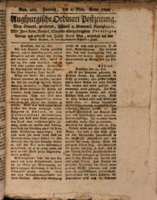 Augsburgische Ordinari Postzeitung von Staats-, gelehrten, historisch- u. ökonomischen Neuigkeiten (Augsburger Postzeitung) Freitag 2. November 1792