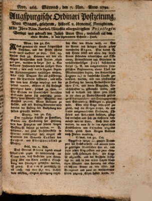 Augsburgische Ordinari Postzeitung von Staats-, gelehrten, historisch- u. ökonomischen Neuigkeiten (Augsburger Postzeitung) Mittwoch 7. November 1792