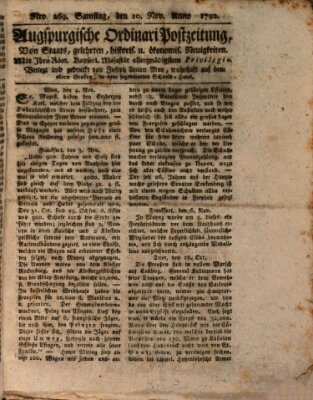 Augsburgische Ordinari Postzeitung von Staats-, gelehrten, historisch- u. ökonomischen Neuigkeiten (Augsburger Postzeitung) Samstag 10. November 1792