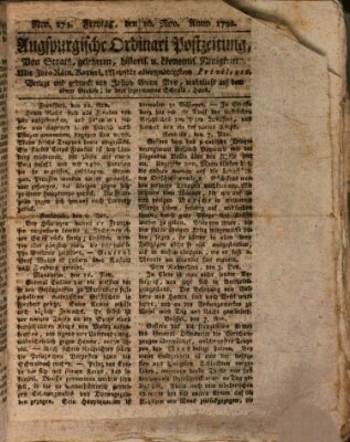 Augsburgische Ordinari Postzeitung von Staats-, gelehrten, historisch- u. ökonomischen Neuigkeiten (Augsburger Postzeitung) Freitag 16. November 1792