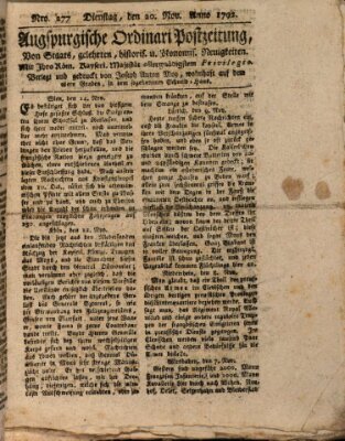 Augsburgische Ordinari Postzeitung von Staats-, gelehrten, historisch- u. ökonomischen Neuigkeiten (Augsburger Postzeitung) Dienstag 20. November 1792