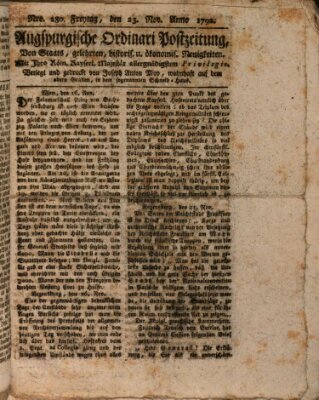 Augsburgische Ordinari Postzeitung von Staats-, gelehrten, historisch- u. ökonomischen Neuigkeiten (Augsburger Postzeitung) Freitag 23. November 1792