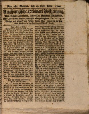 Augsburgische Ordinari Postzeitung von Staats-, gelehrten, historisch- u. ökonomischen Neuigkeiten (Augsburger Postzeitung) Montag 26. November 1792