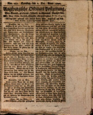 Augsburgische Ordinari Postzeitung von Staats-, gelehrten, historisch- u. ökonomischen Neuigkeiten (Augsburger Postzeitung) Samstag 1. Dezember 1792