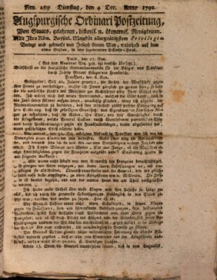 Augsburgische Ordinari Postzeitung von Staats-, gelehrten, historisch- u. ökonomischen Neuigkeiten (Augsburger Postzeitung) Dienstag 4. Dezember 1792