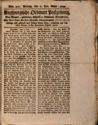 Augsburgische Ordinari Postzeitung von Staats-, gelehrten, historisch- u. ökonomischen Neuigkeiten (Augsburger Postzeitung) Freitag 7. Dezember 1792