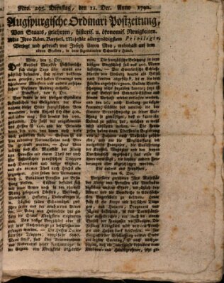 Augsburgische Ordinari Postzeitung von Staats-, gelehrten, historisch- u. ökonomischen Neuigkeiten (Augsburger Postzeitung) Dienstag 11. Dezember 1792