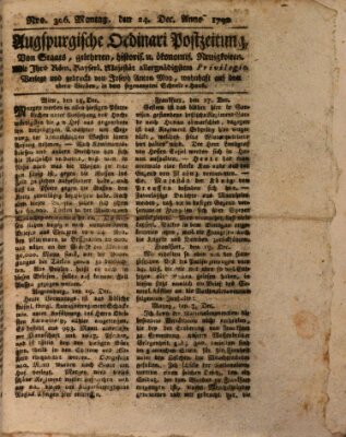 Augsburgische Ordinari Postzeitung von Staats-, gelehrten, historisch- u. ökonomischen Neuigkeiten (Augsburger Postzeitung) Montag 24. Dezember 1792