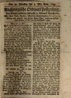 Augsburgische Ordinari Postzeitung von Staats-, gelehrten, historisch- u. ökonomischen Neuigkeiten (Augsburger Postzeitung) Dienstag 5. Februar 1793