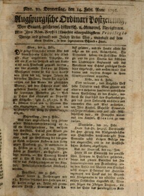 Augsburgische Ordinari Postzeitung von Staats-, gelehrten, historisch- u. ökonomischen Neuigkeiten (Augsburger Postzeitung) Donnerstag 14. Februar 1793