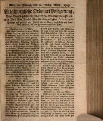 Augsburgische Ordinari Postzeitung von Staats-, gelehrten, historisch- u. ökonomischen Neuigkeiten (Augsburger Postzeitung) Freitag 22. März 1793