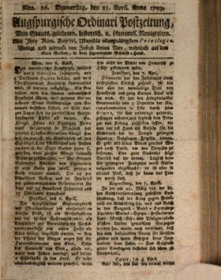 Augsburgische Ordinari Postzeitung von Staats-, gelehrten, historisch- u. ökonomischen Neuigkeiten (Augsburger Postzeitung) Donnerstag 11. April 1793