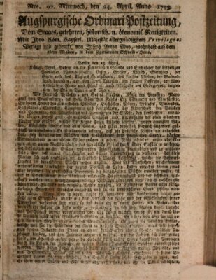 Augsburgische Ordinari Postzeitung von Staats-, gelehrten, historisch- u. ökonomischen Neuigkeiten (Augsburger Postzeitung) Mittwoch 24. April 1793