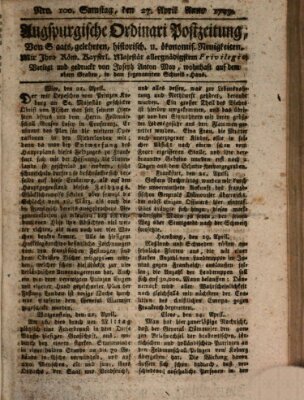 Augsburgische Ordinari Postzeitung von Staats-, gelehrten, historisch- u. ökonomischen Neuigkeiten (Augsburger Postzeitung) Samstag 27. April 1793