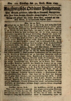 Augsburgische Ordinari Postzeitung von Staats-, gelehrten, historisch- u. ökonomischen Neuigkeiten (Augsburger Postzeitung) Dienstag 30. April 1793