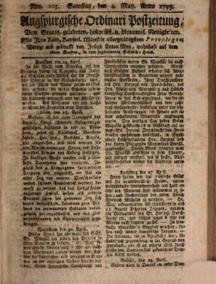 Augsburgische Ordinari Postzeitung von Staats-, gelehrten, historisch- u. ökonomischen Neuigkeiten (Augsburger Postzeitung) Samstag 4. Mai 1793