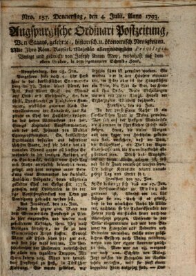 Augsburgische Ordinari Postzeitung von Staats-, gelehrten, historisch- u. ökonomischen Neuigkeiten (Augsburger Postzeitung) Donnerstag 4. Juli 1793