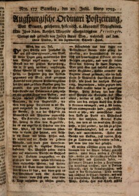 Augsburgische Ordinari Postzeitung von Staats-, gelehrten, historisch- u. ökonomischen Neuigkeiten (Augsburger Postzeitung) Samstag 27. Juli 1793