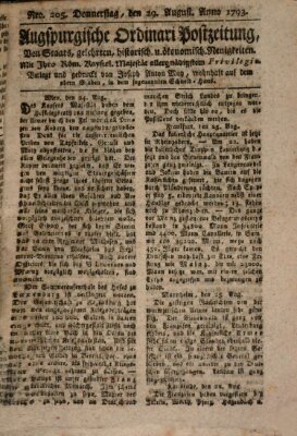 Augsburgische Ordinari Postzeitung von Staats-, gelehrten, historisch- u. ökonomischen Neuigkeiten (Augsburger Postzeitung) Donnerstag 29. August 1793