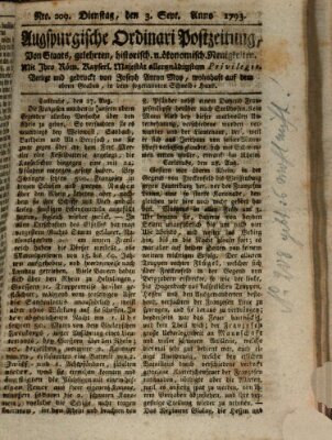 Augsburgische Ordinari Postzeitung von Staats-, gelehrten, historisch- u. ökonomischen Neuigkeiten (Augsburger Postzeitung) Dienstag 3. September 1793