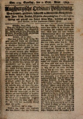 Augsburgische Ordinari Postzeitung von Staats-, gelehrten, historisch- u. ökonomischen Neuigkeiten (Augsburger Postzeitung) Samstag 7. September 1793