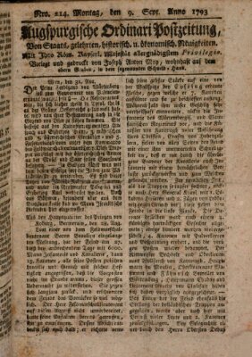 Augsburgische Ordinari Postzeitung von Staats-, gelehrten, historisch- u. ökonomischen Neuigkeiten (Augsburger Postzeitung) Montag 9. September 1793