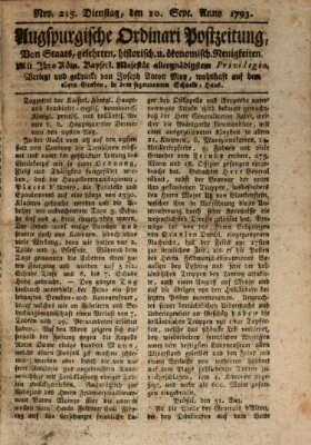 Augsburgische Ordinari Postzeitung von Staats-, gelehrten, historisch- u. ökonomischen Neuigkeiten (Augsburger Postzeitung) Dienstag 10. September 1793