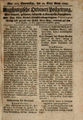 Augsburgische Ordinari Postzeitung von Staats-, gelehrten, historisch- u. ökonomischen Neuigkeiten (Augsburger Postzeitung) Donnerstag 12. September 1793