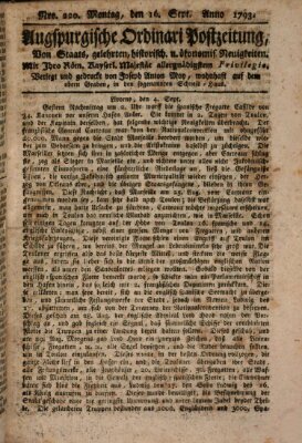 Augsburgische Ordinari Postzeitung von Staats-, gelehrten, historisch- u. ökonomischen Neuigkeiten (Augsburger Postzeitung) Montag 16. September 1793