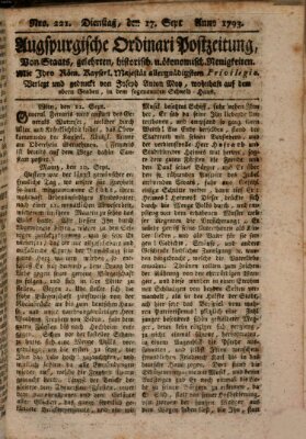 Augsburgische Ordinari Postzeitung von Staats-, gelehrten, historisch- u. ökonomischen Neuigkeiten (Augsburger Postzeitung) Dienstag 17. September 1793