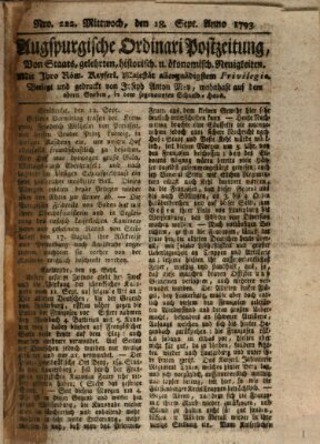 Augsburgische Ordinari Postzeitung von Staats-, gelehrten, historisch- u. ökonomischen Neuigkeiten (Augsburger Postzeitung) Mittwoch 18. September 1793