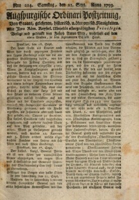 Augsburgische Ordinari Postzeitung von Staats-, gelehrten, historisch- u. ökonomischen Neuigkeiten (Augsburger Postzeitung) Samstag 21. September 1793