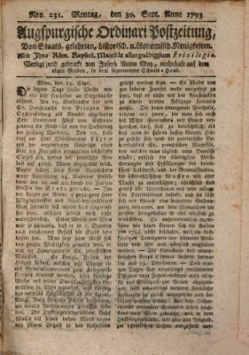 Augsburgische Ordinari Postzeitung von Staats-, gelehrten, historisch- u. ökonomischen Neuigkeiten (Augsburger Postzeitung) Montag 30. September 1793