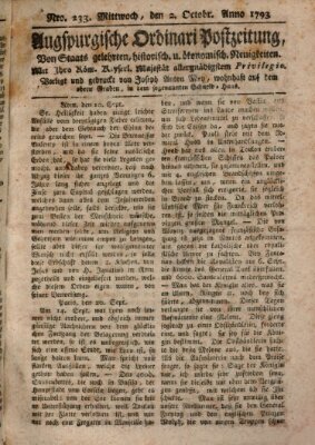 Augsburgische Ordinari Postzeitung von Staats-, gelehrten, historisch- u. ökonomischen Neuigkeiten (Augsburger Postzeitung) Mittwoch 2. Oktober 1793