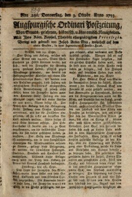 Augsburgische Ordinari Postzeitung von Staats-, gelehrten, historisch- u. ökonomischen Neuigkeiten (Augsburger Postzeitung) Donnerstag 3. Oktober 1793