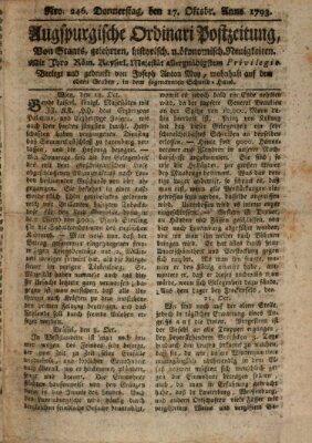 Augsburgische Ordinari Postzeitung von Staats-, gelehrten, historisch- u. ökonomischen Neuigkeiten (Augsburger Postzeitung) Donnerstag 17. Oktober 1793