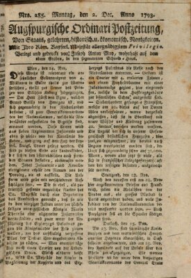 Augsburgische Ordinari Postzeitung von Staats-, gelehrten, historisch- u. ökonomischen Neuigkeiten (Augsburger Postzeitung) Montag 2. Dezember 1793